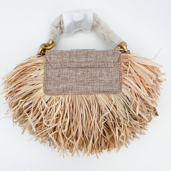 Brandon Blackwood Micro Nia Bag in Beige Linen with Fringed Wicker and Gold Bras - Picture 3 of 14